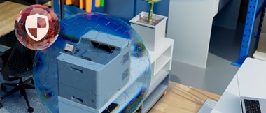 Ein Drucker in einer blauen Kugel. Daneben befindet sich eine rote Kugel, in der ein Schutzschild zu sehen ist.