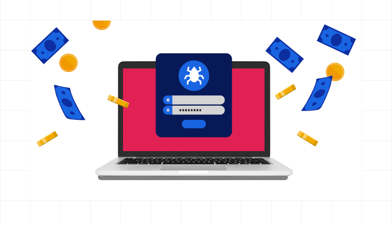 Illustration eines Laptops mit einem gehackten Anmeldebildschirm. Um den Bildschirm herum sind fallende Münzen und Gelscheine zu sehen. 
