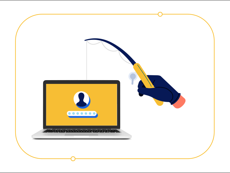 Hand mit Angelrute beim Phishing eines Laptops.