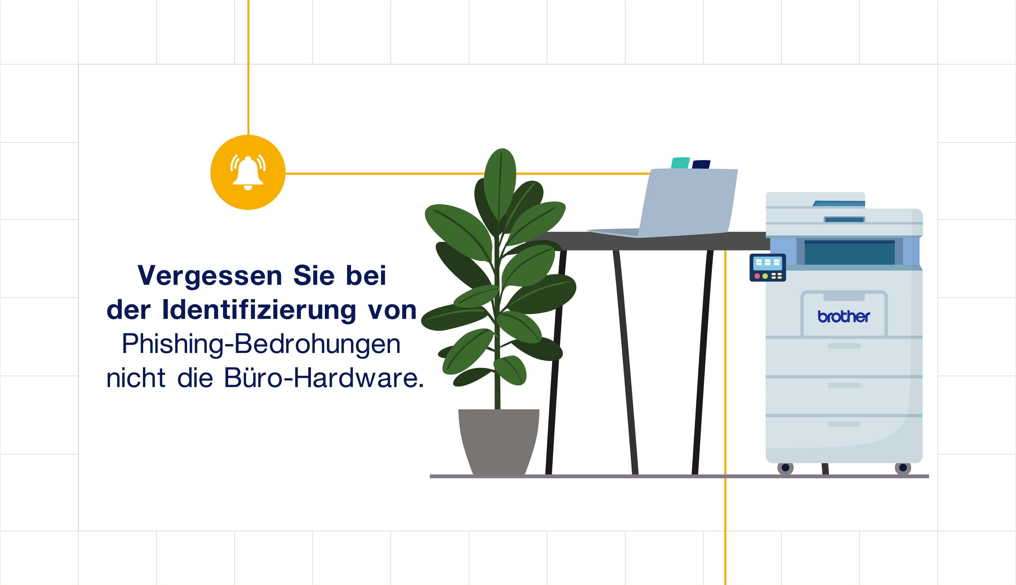 Ein sicherer Brother-Drucker und ein Laptop auf einem Schreibtisch mit einer Pflanze