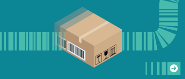 Ein Paket auf einem türkisfarbenen Hintergrund. Auf dem Paket befindet sich ein Etikett mit einem EAN-Code darauf.
