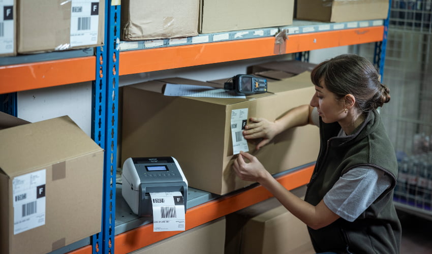 Ein Paket wird mit einem trägerlosen Etikett versehen.