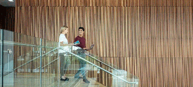 Zwei Personen laufen eine Treppe herunter, Laptops in der Hand und unterhalten sich über Business Solutions
