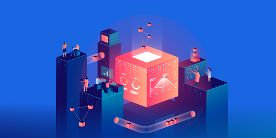 Illustation mit Rotem Würfel, Arbeitende Menschen, Röhren, Workflow
