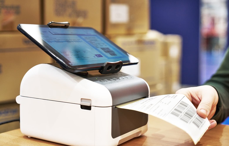 Ein Tablet-Halter, der an einen TD4-Drucker angeschlossen ist