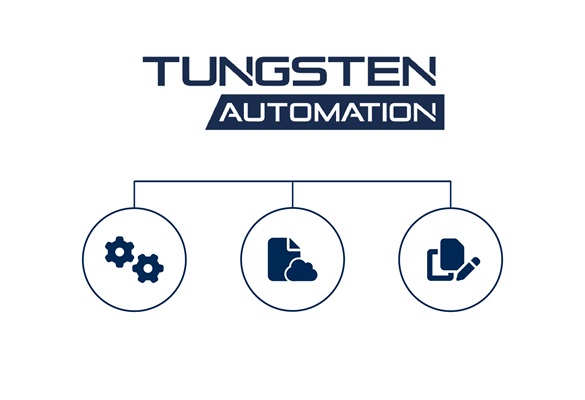 Blau Tungsten Automation Logo auf weißem Hintergrund mit Zahnrad, Wolke und Dokumentensymbole in Kreisen